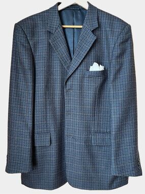 VINTAGE Protocol Blue Houndstooth Wool Blazer 42R Plaid Sport Coat Jacket Men